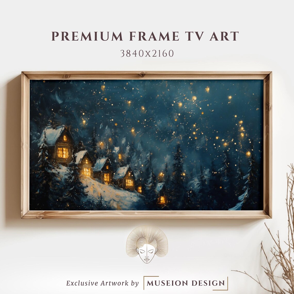 Cozy Snowy Village Christmas Night Poster 4K Frame TV Screen Decor