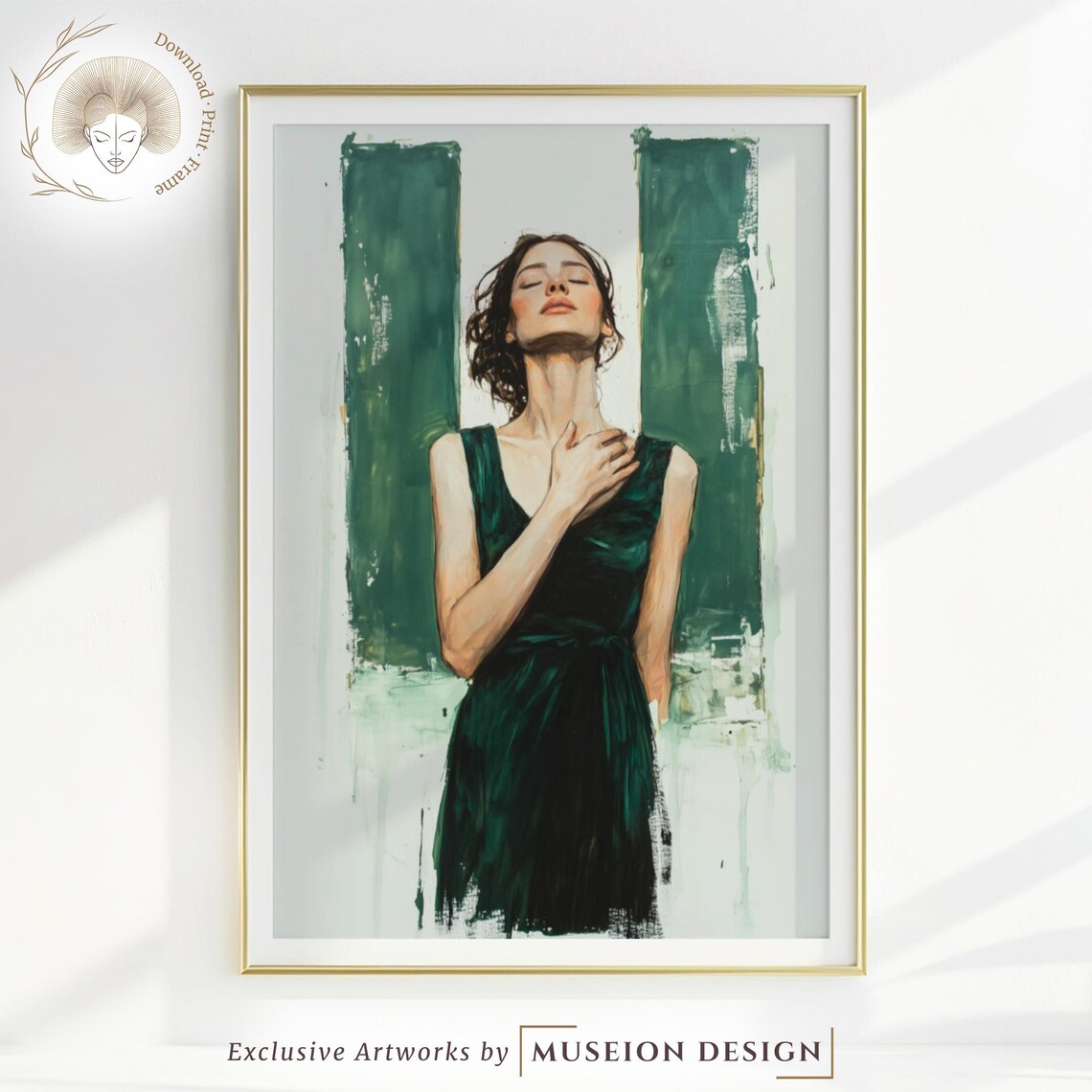 Emerald Green Dress Woman Portrait Abstract Minimalist Art