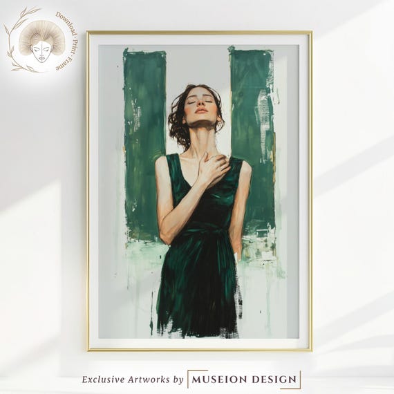 Emerald Green Dress Woman Portrait Abstract Minimalist Art