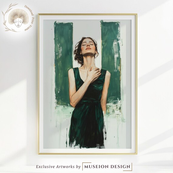 Emerald Green Dress Woman Portrait Painterly Elegant Art Poster