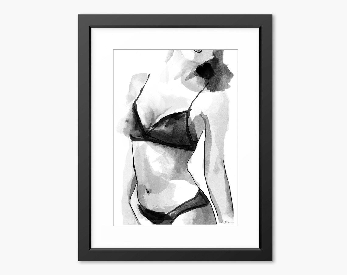 Female Figure In Lingerie Black White Watercolor Fashion Poster
