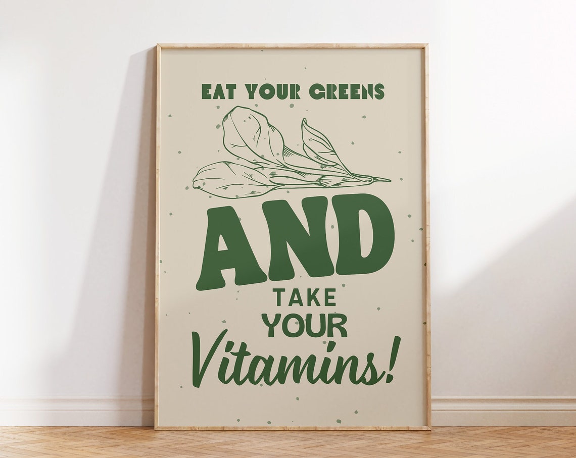 Green Retro Art Print Vintage Motivational Art Mental Health Poster Eat Your Greens Quote Print Vintage Wall Art 1 Print