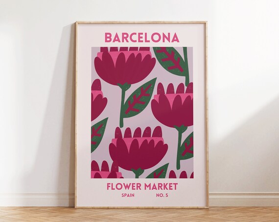 Barcelona Flower Market Spain No 5 Bold Pink Floral Art Poster