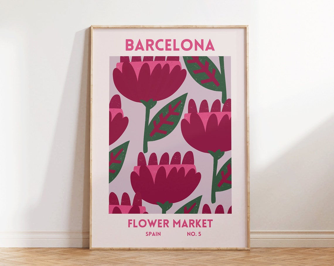 Barcelona Flower Market Spain No 5 Bold Pink Floral Art Poster