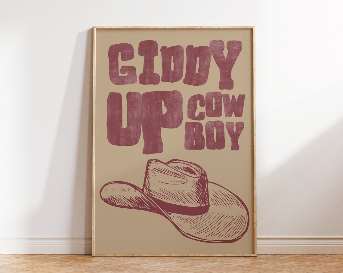 Giddy Up Cowboy Maroon Typography With Cowboy Hat Western Poster