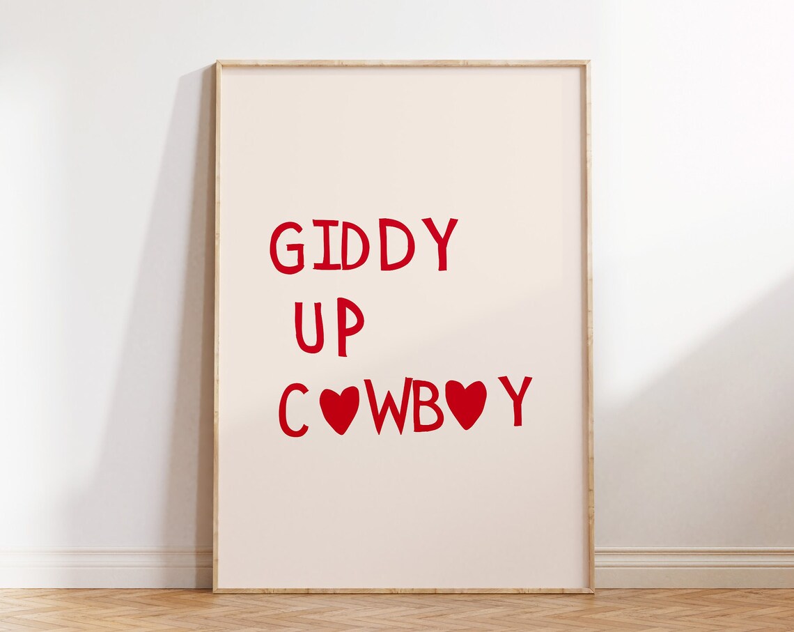 Giddy Up Cowboy Red Heart Typography Western Girl Room Wall Art - Image 4