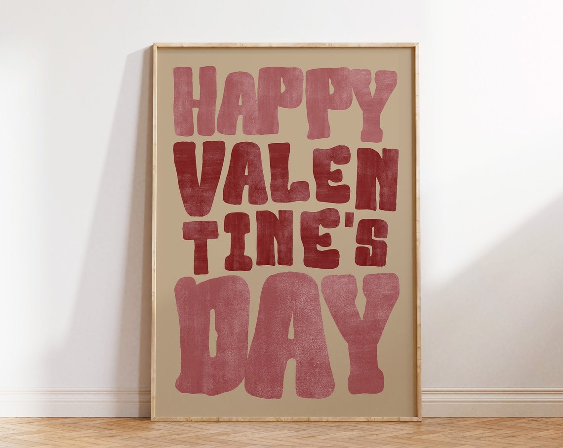 Happy Valentines Day Bold Retro Red Lettering Beige Typography Poster - Image 2