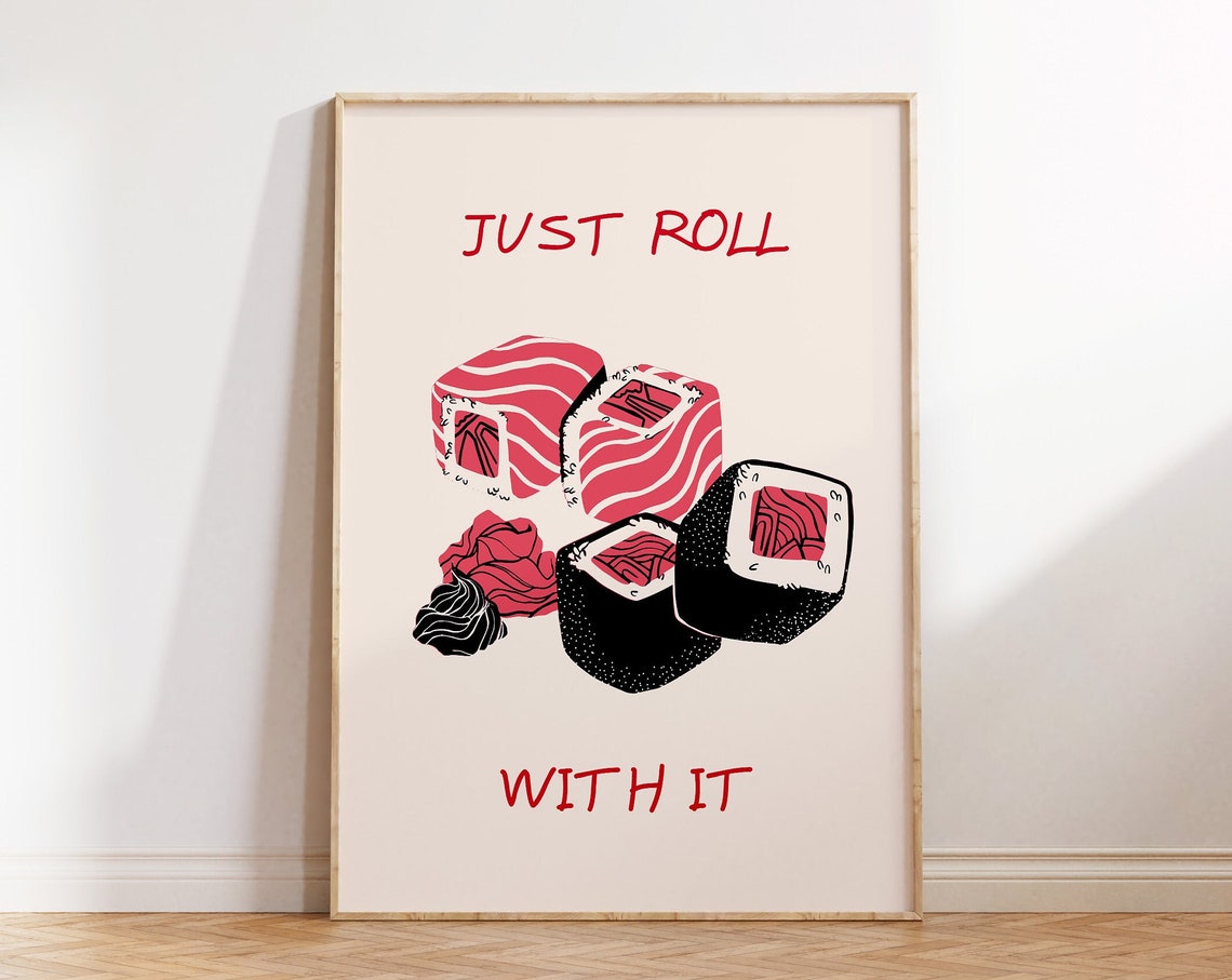 Just Roll With It Funny Sushi Kitchen Cute Red Food Pun Poster