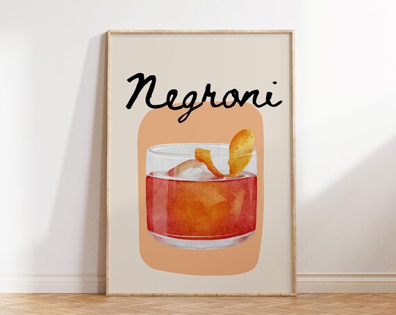 Negroni Cocktail Watercolor With Orange Peel Bar Cart Art Print