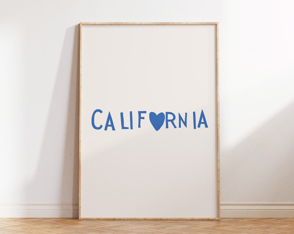California Heart Lettering Blue Minimalist State Typography Poster