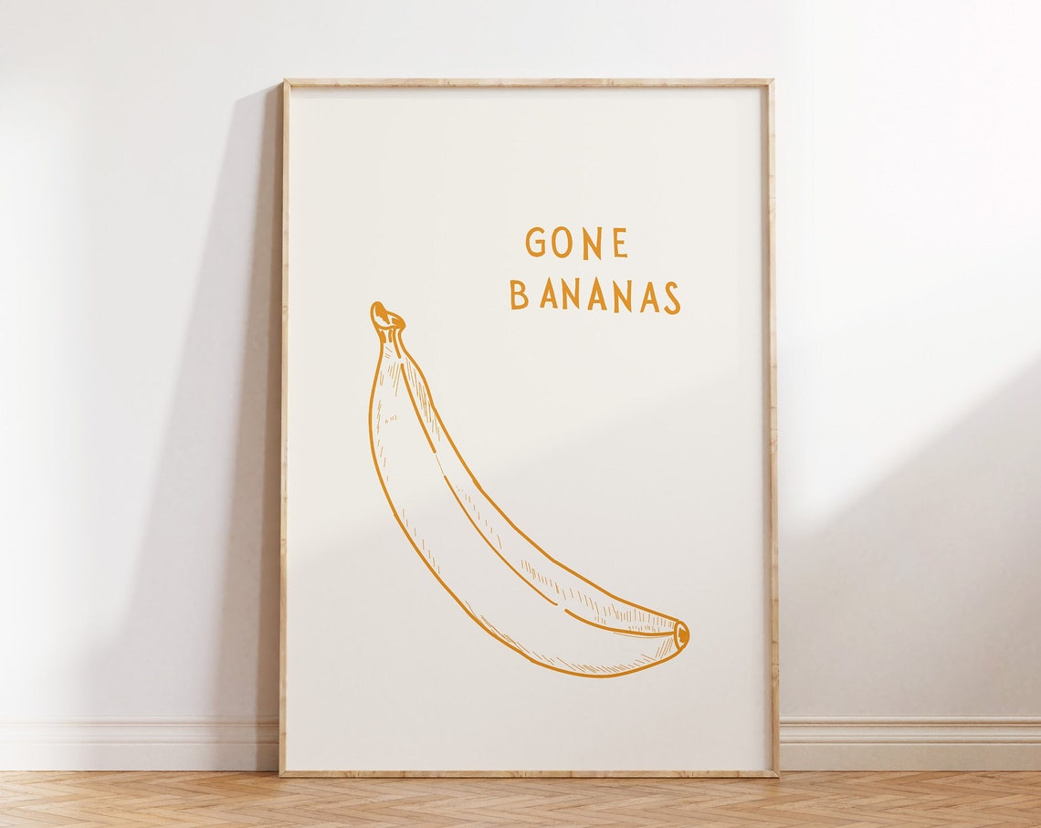 Gone Bananas Golden Yellow Banana Line Art Kitchen Decor Poster