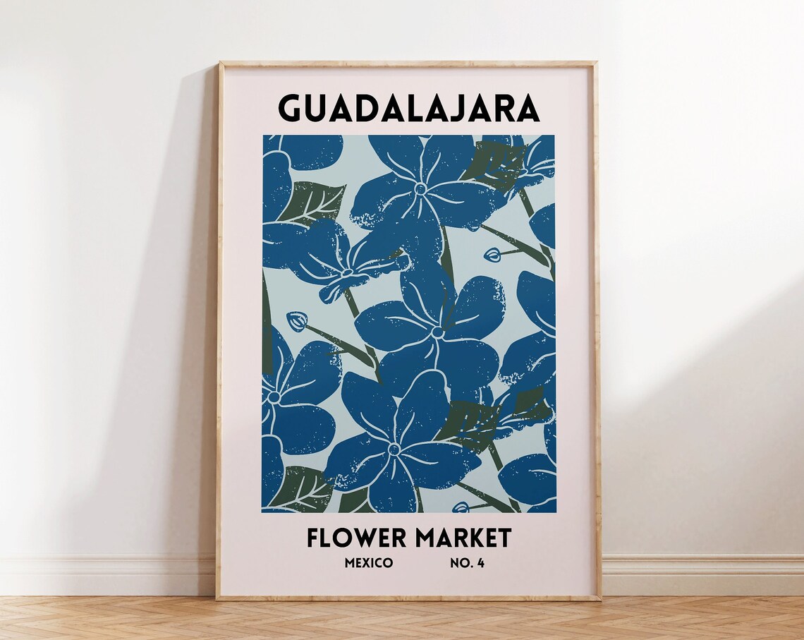 Guadalajara Mexico Flower Market Blue Floral Botanical Art Poster