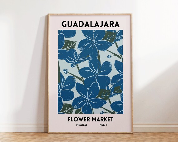 Guadalajara Mexico Flower Market Blue Floral Botanical Art Poster
