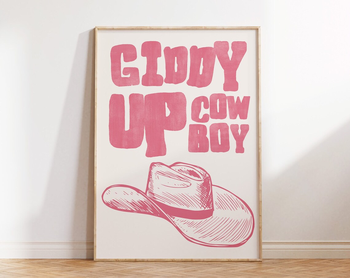 Vintage Giddy Up Cowboy Pink Western Cowboy Hat Typography Poster