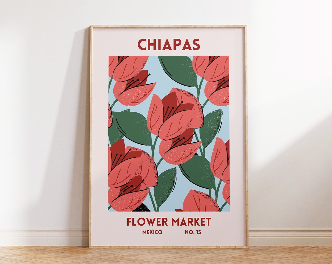 Chiapas Mexico Flower Market Red Floral Botanical Art Poster