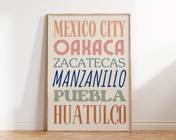 Mexican Cities Typography List Mexico Travel Destinations Poster