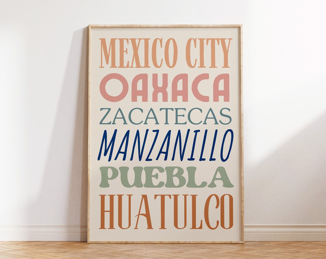 Mexican Cities Typography List Mexico Travel Destinations Poster