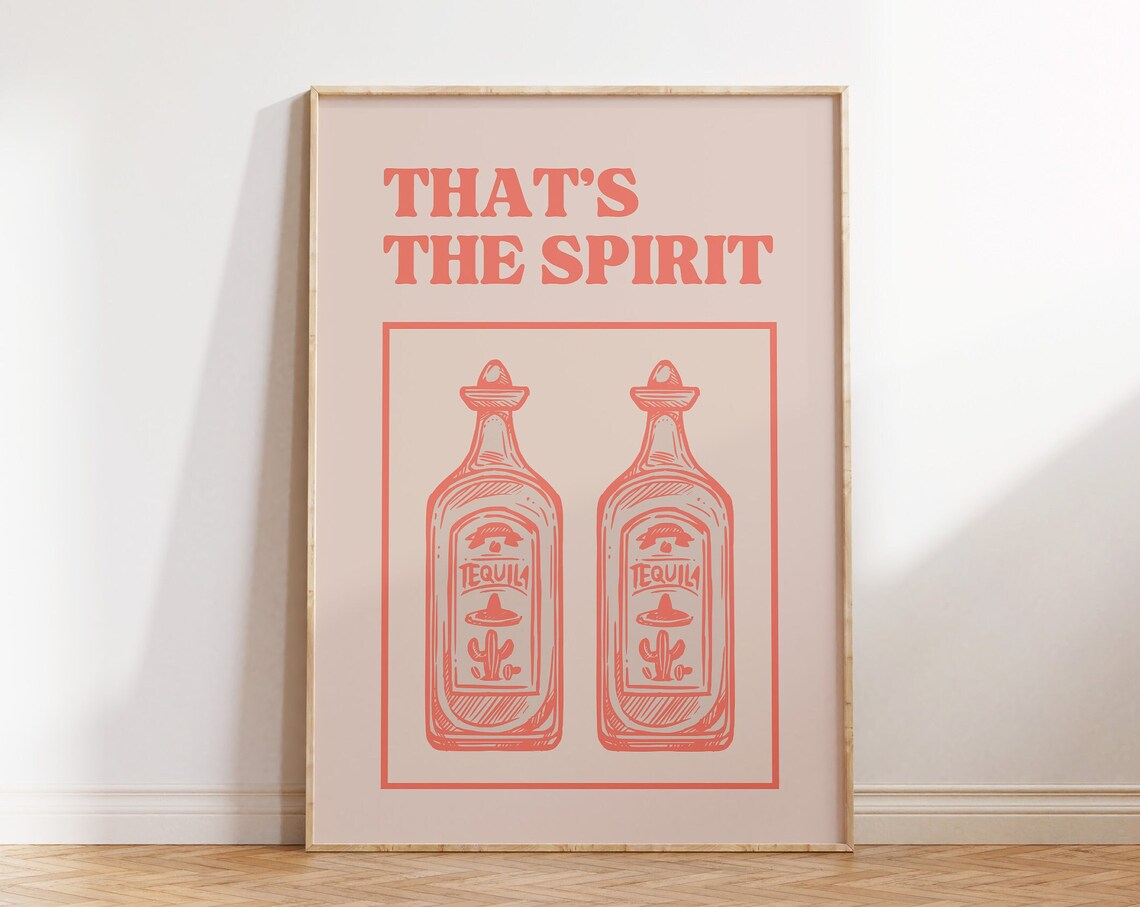 Thats The Spirit Twin Tequila Bottles Coral Pink Bar Decor Poster