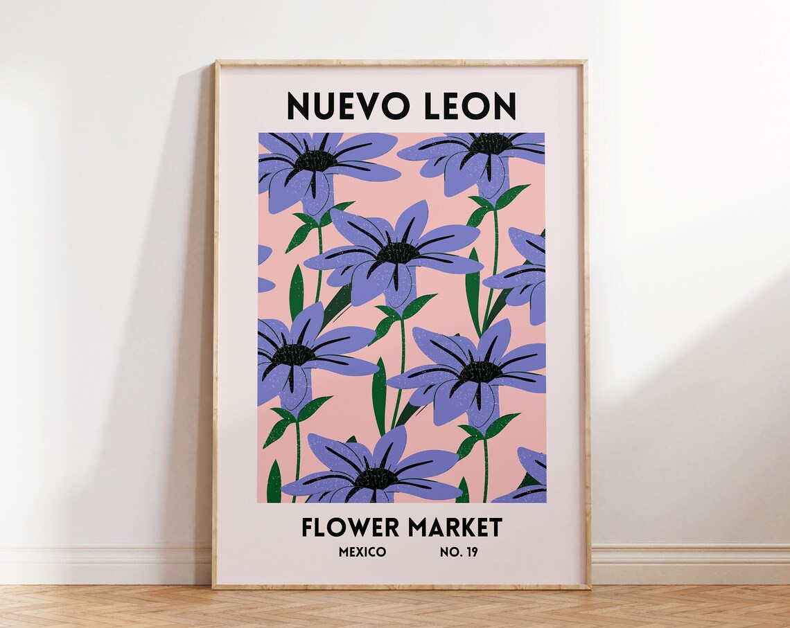 Nuevo Leon Mexico Flower Market Purple Floral Botanical Travel Poster
