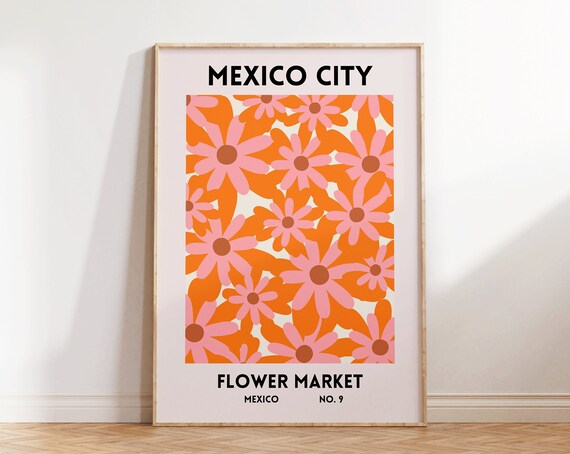 Mexico City Flower Market No.9 Orange Daisy Botanical Travel Poster