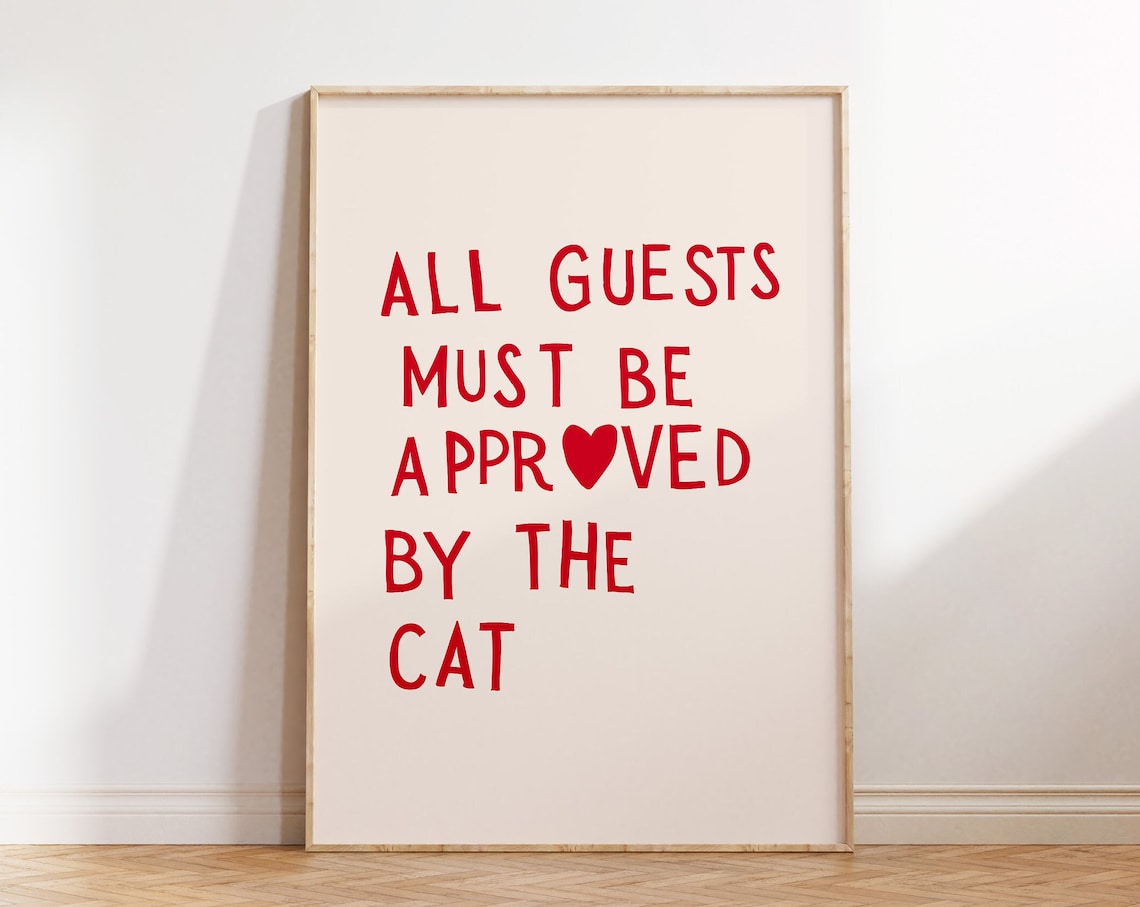 Funny Cat Print, Minimalist Heart Decor Poster