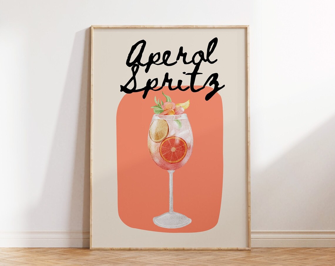 Aperol Spritz Watercolor Wine Glass Orange Cocktail Coral Bar Wall Art