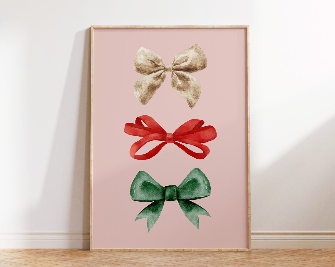 Christmas Watercolor Ribbon Bows Gold Red Green Holiday Decor Poster - Image 3