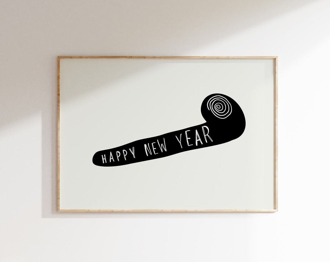 Happy New Year Black Party Horn Blower Horizontal Celebration Poster - Image 2