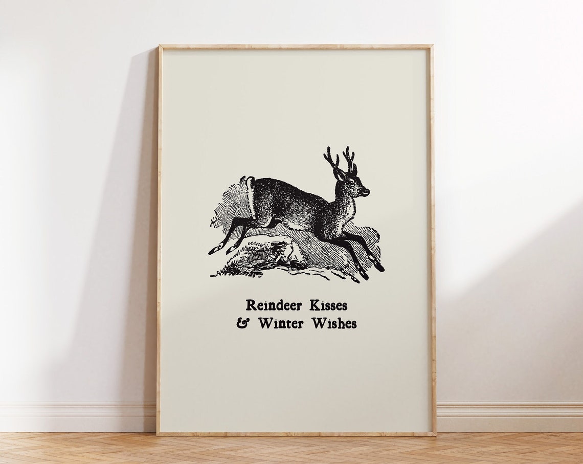 Reindeer Kisses And Winter Wishes Vintage Engraved Deer Holiday Poster - Image 2