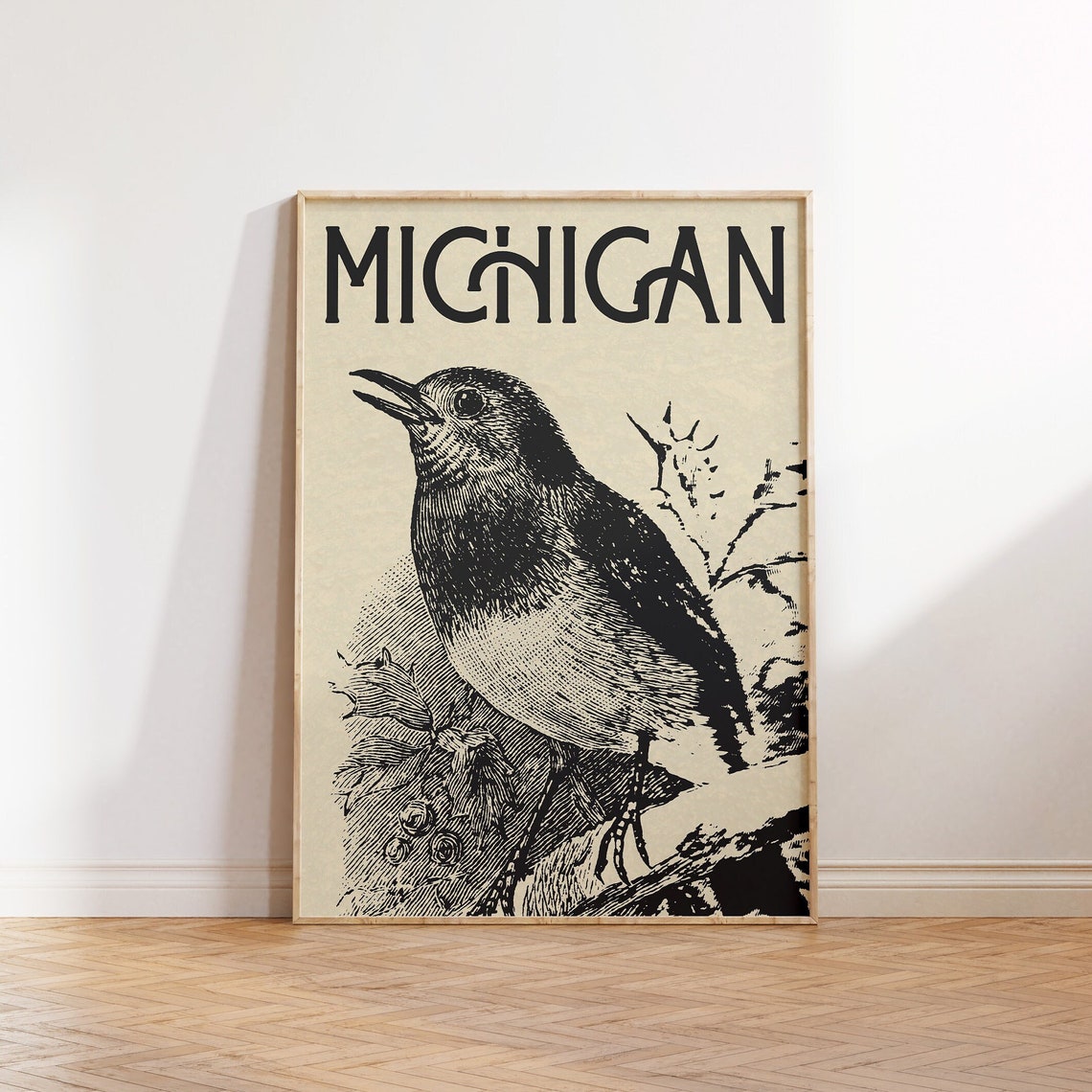 Michigan American Robin Vintage Engraving State Bird Monochrome Poster