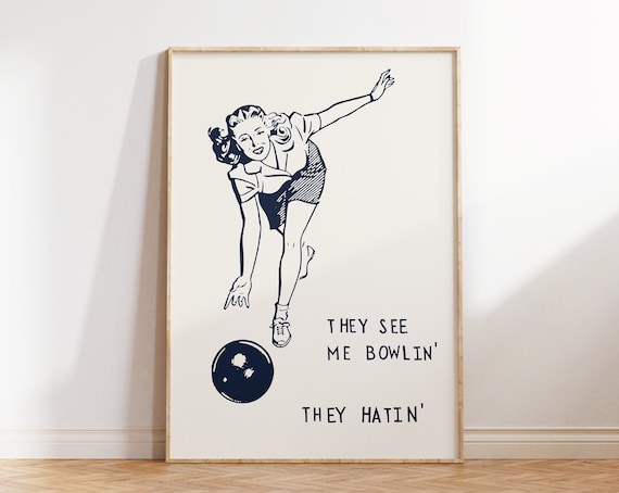 They See Me Bowlin They Hatin Retro Bowling Girl Navy Ink Wall Art