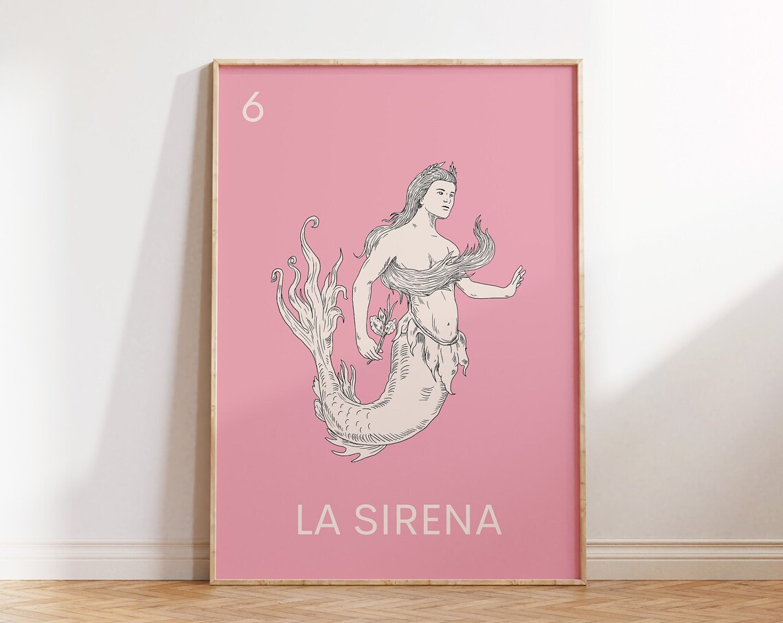 La Sirena Loteria Mermaid Pink Mexican Folk Art Decor Poster
