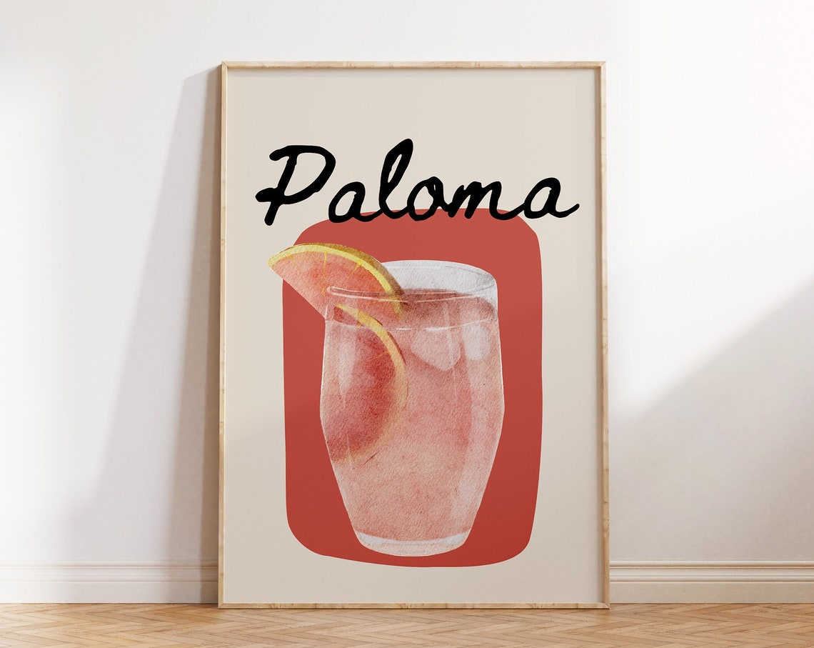 Paloma Pink Grapefruit Cocktail Script Retro Bar Decor Art Poster