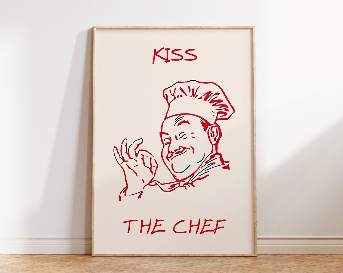Kiss The Chef Retro Italian Cook Red Aesthetic Kitchen Poster