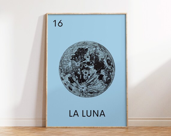 La Luna 16 Loteria Style Engraved Moon Light Blue Vintage Poster