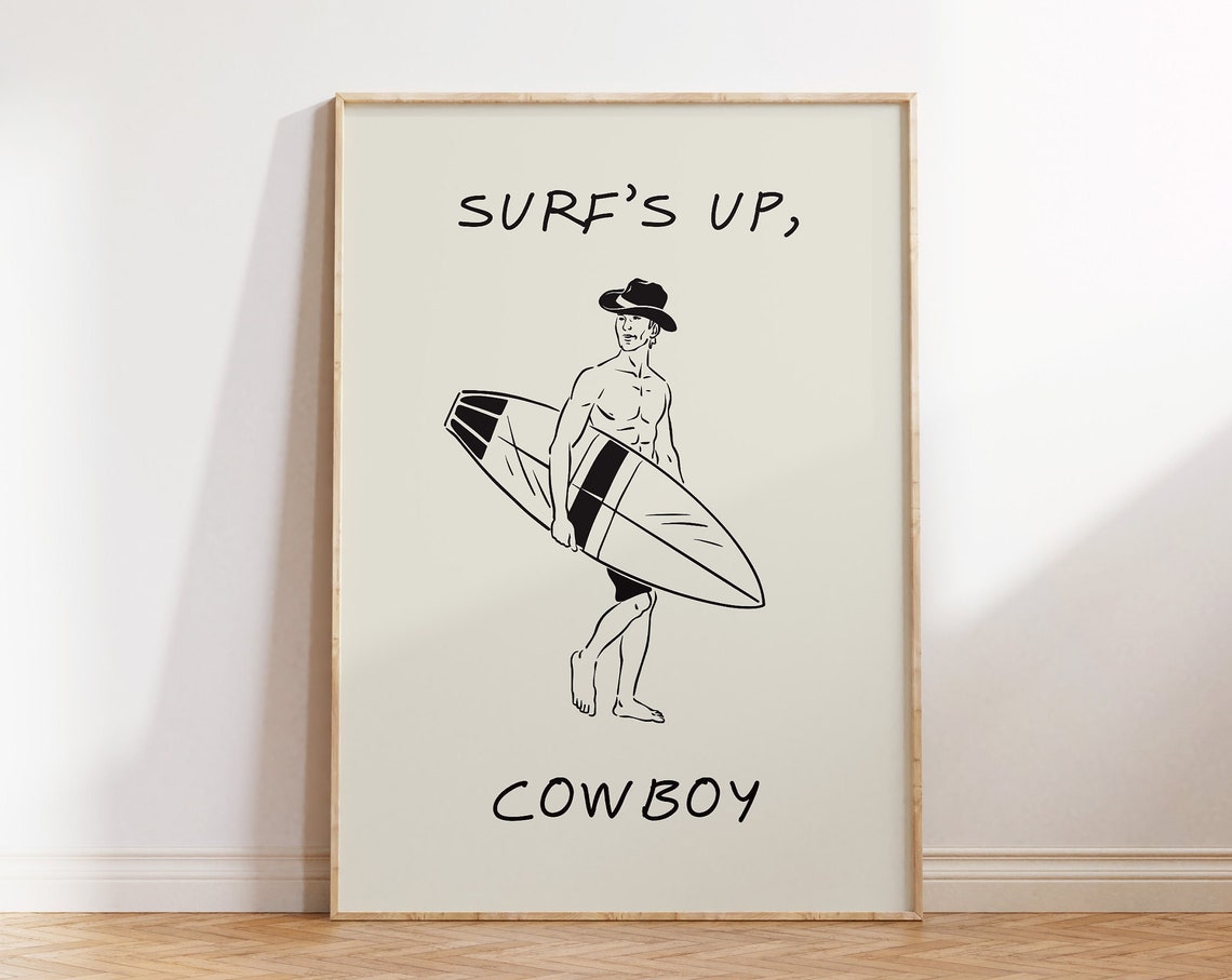 Surf's Up Cowboy Surfboard Western Retro Black Line Art Poster