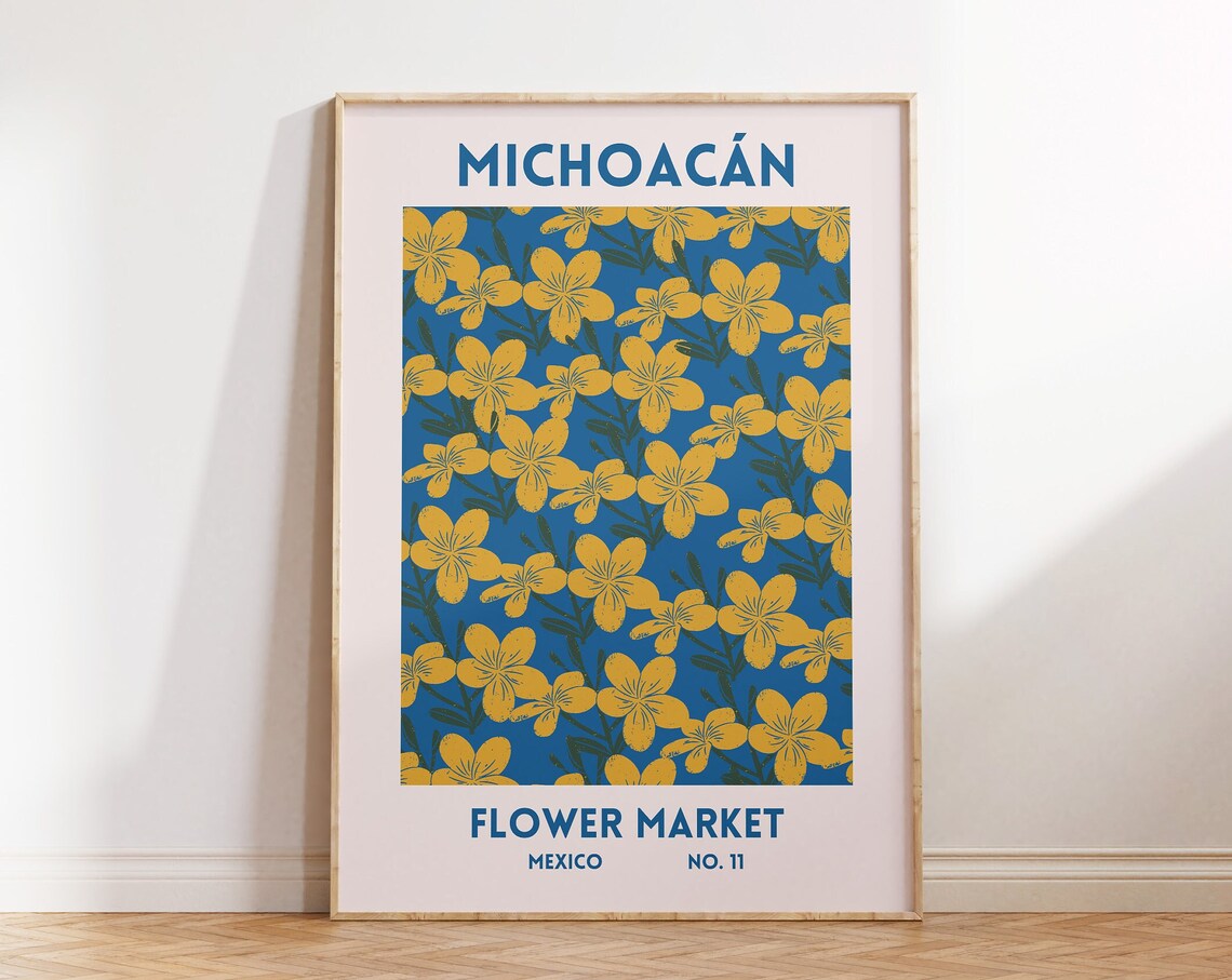Michoacan Mexico Flower Market Blue Yellow Floral Art Poster
