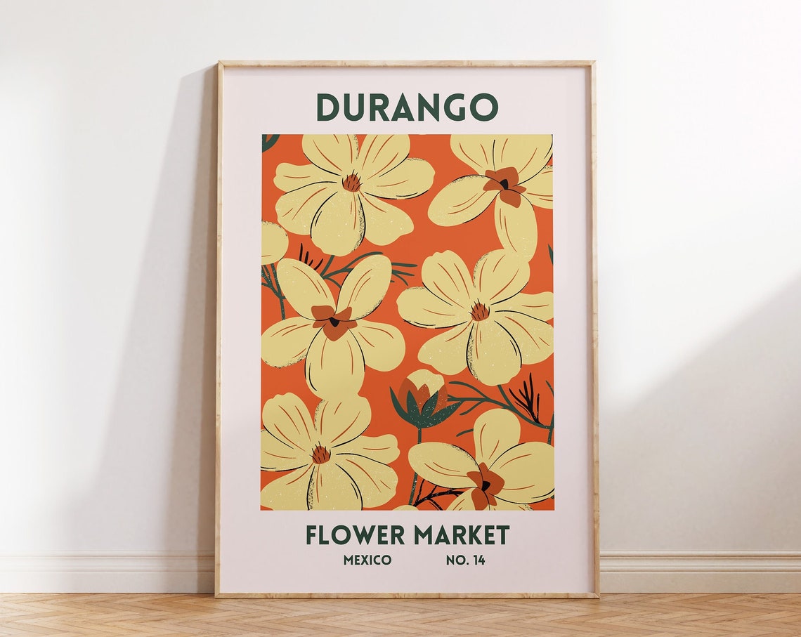 Durango Mexico Flower Market Orange Cream Floral Travel Poster