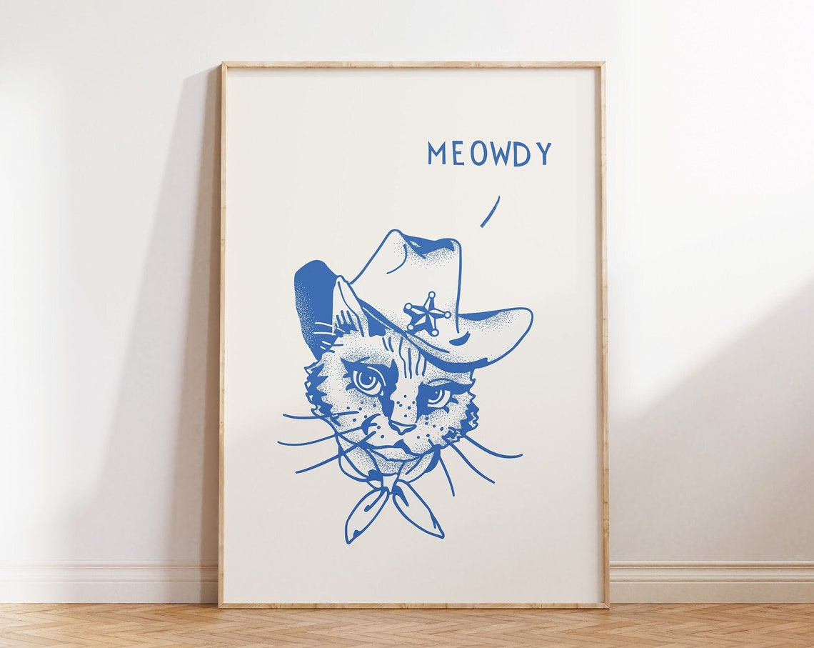 Meowdy Cowboy Cat Poster Blue Western Line Art for Cat Lovers