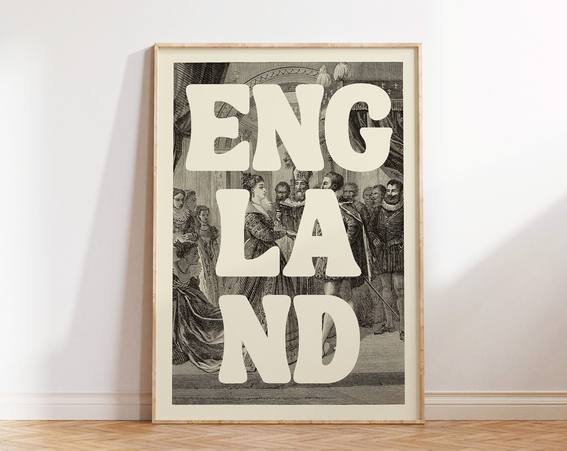 Vintage England History Poster With Elizabethan Court Engraving Art