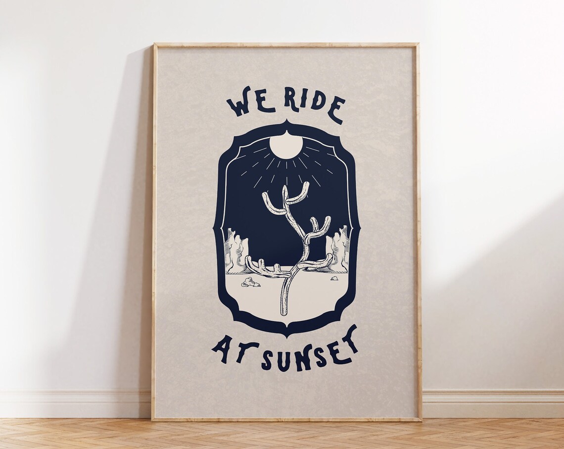 We Ride At Sunset Desert Saguaro Night Badge Vintage Western Poster
