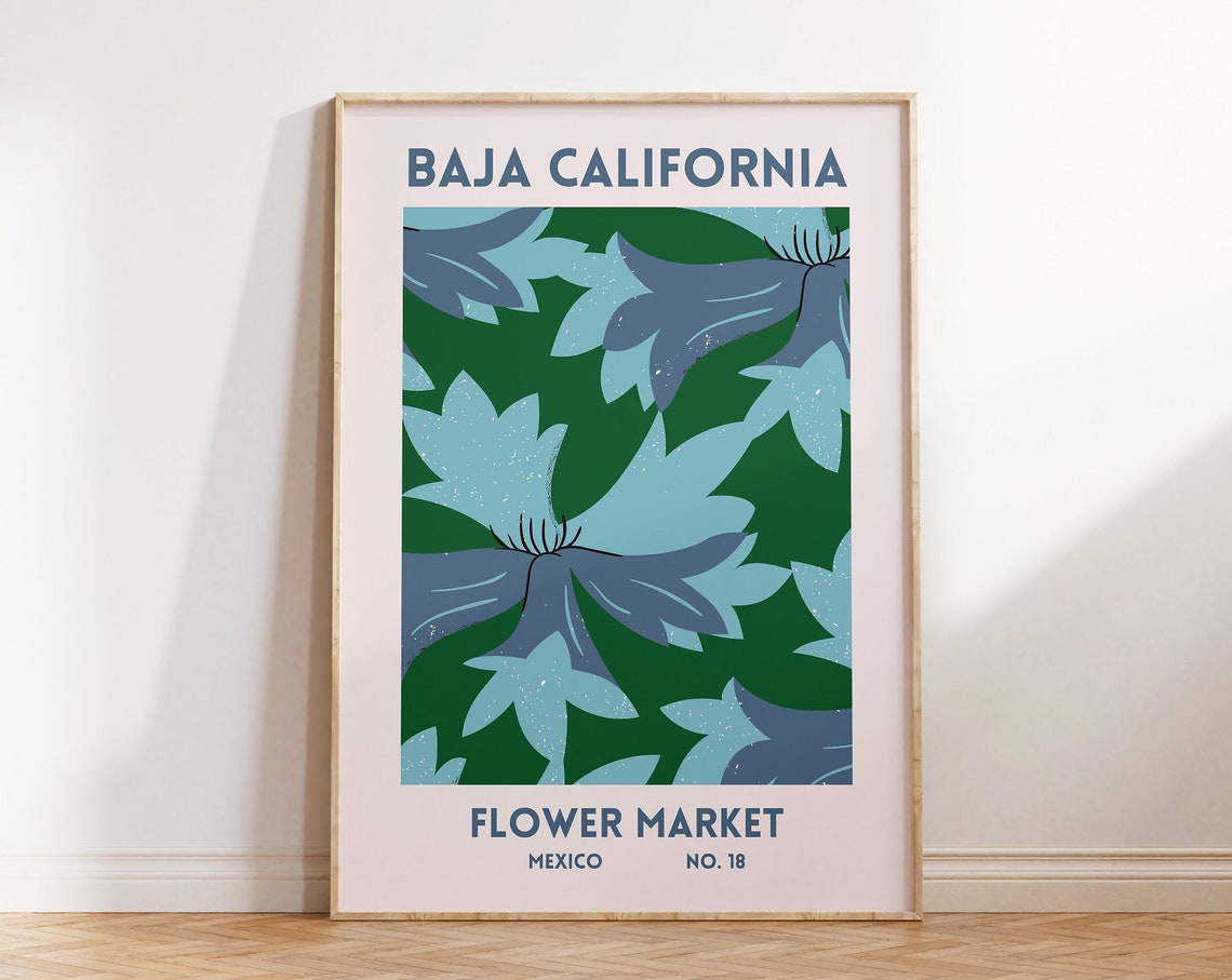 Baja California Mexico Flower Market Blue Botanical Wall Poster