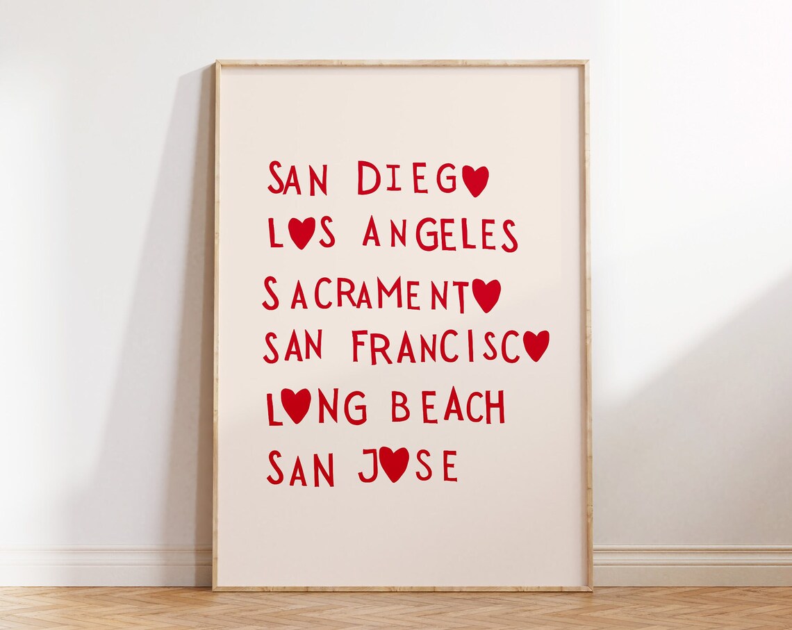 California Cities San Diego Los Angeles Heart List Travel Wall Art
