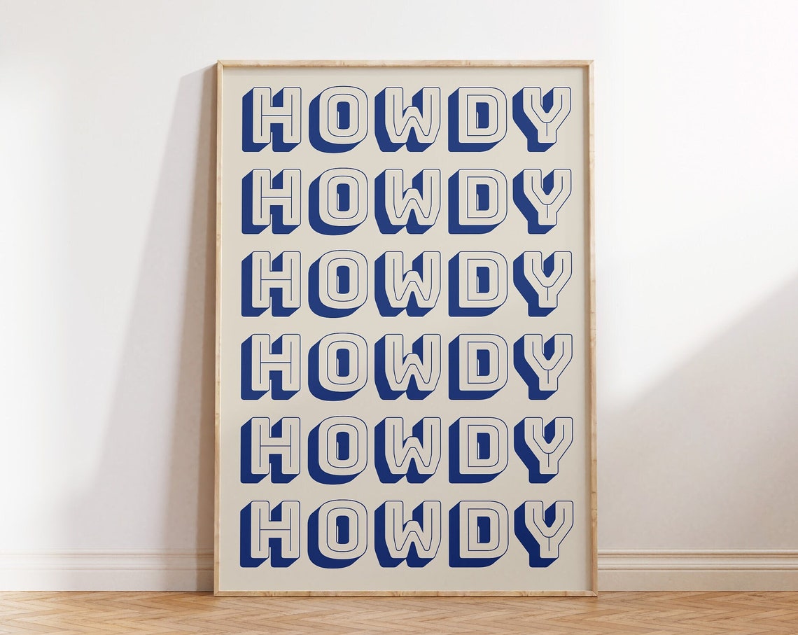 Howdy Typography Poster Blue Retro Lettering Western Wall Decor