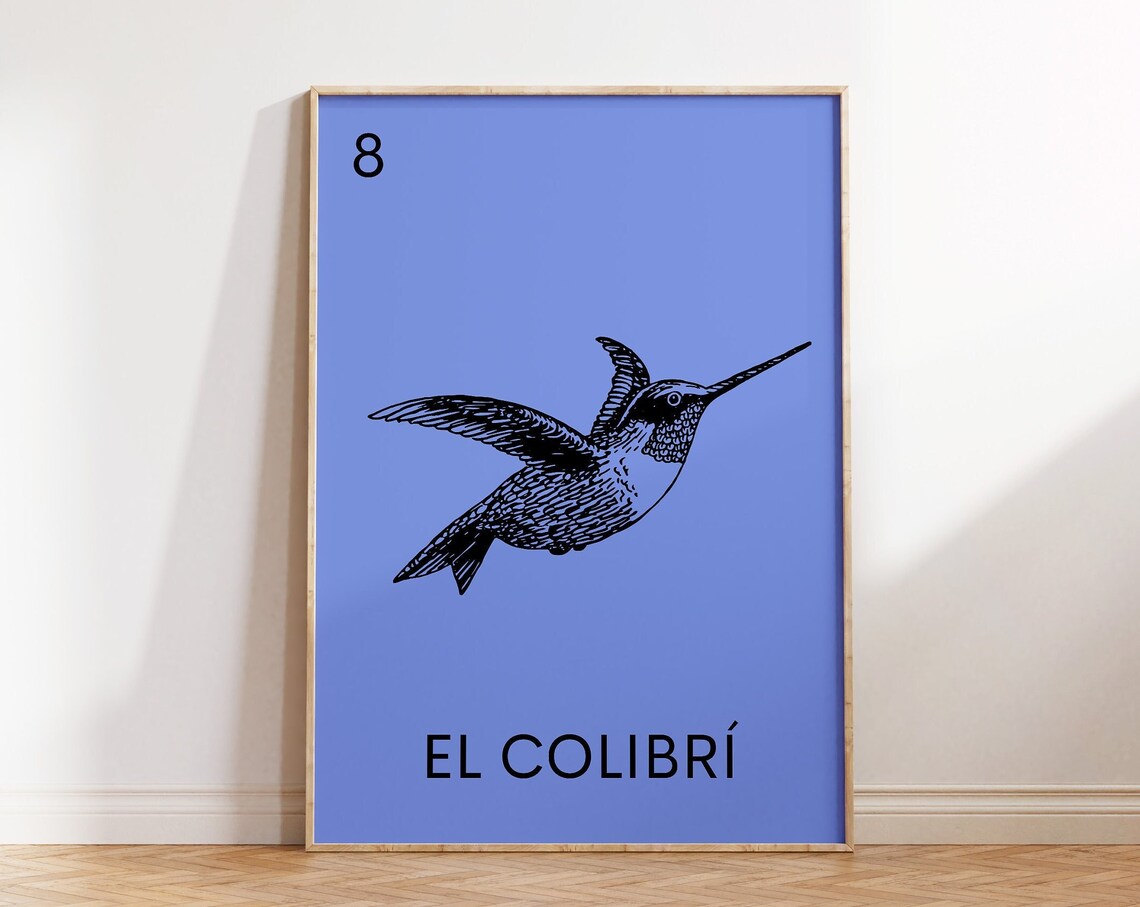 El Colibri Mexican Loteria Hummingbird Bright Blue Card Poster