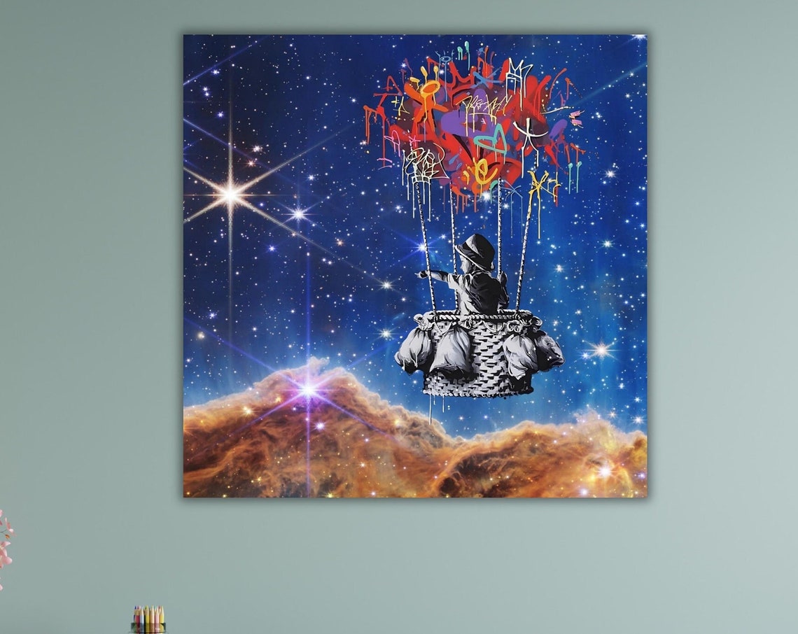 Child Hot Air Balloon Starry Cosmic Night Sky Graffiti Art Poster