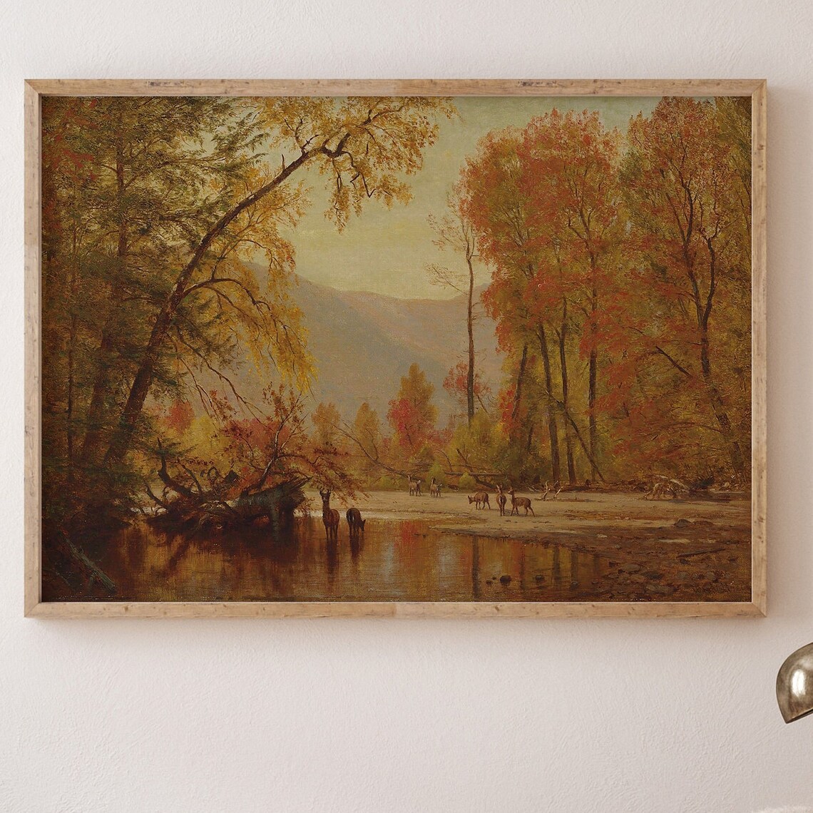 Autumn River Forest Deer Vintage Golden Fall Landscape Poster