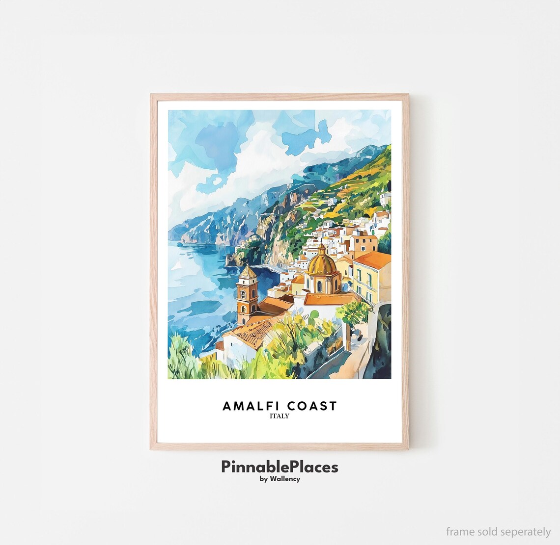 Amalfi Coast Italy Domed Church Watercolor Coastal Town Poster