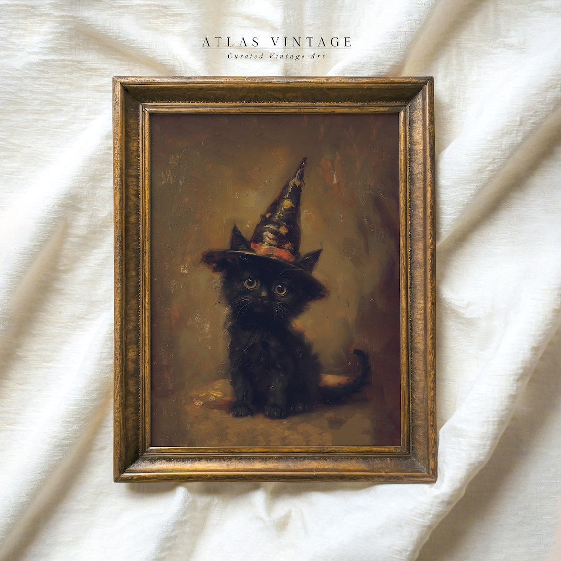 Vintage Witchy Black Cat Kitten Witch Hat Gothic Halloween Dark Academia Poster