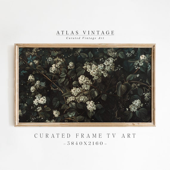 White Flower Landscape Frame Tv Art Vintage Wildflower Meadow Painting Tv Art Dark Moody Floral Screensaver French Country Decor